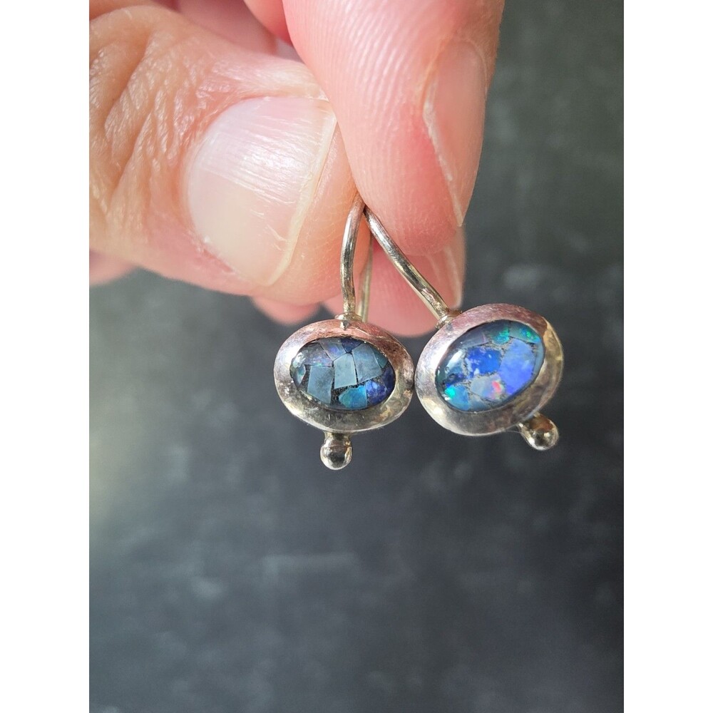 925 Sterling Silver Opal Dangling Pierced Earrings Vintage